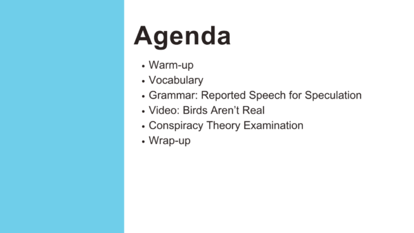 Agenda page for ESL lesson titled The Conspiracy Theories: Fact or Fiction?
