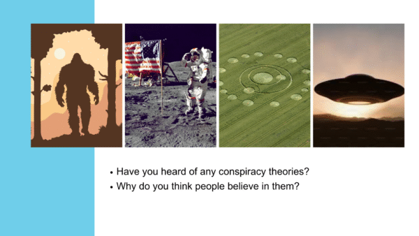 Warm-up activity for ESL lesson titled The Conspiracy Theories: Fact or Fiction?