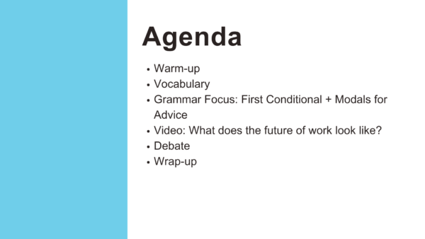 Agenda page for ESL lesson titled Remote Work: Dream Job or Isolation?