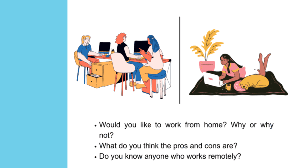 Warm-up activity for ESL lesson titled Remote Work: Dream Job or Isolation?