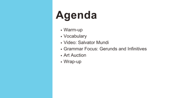 Agenda page for ESL lesson titled The Most Expensive Paintings: The $450 Million Painting