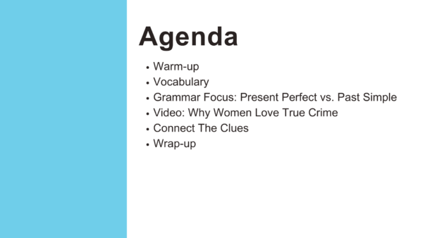 Agenda page for ESL lesson titled True Crime: A Genre That Grips Us